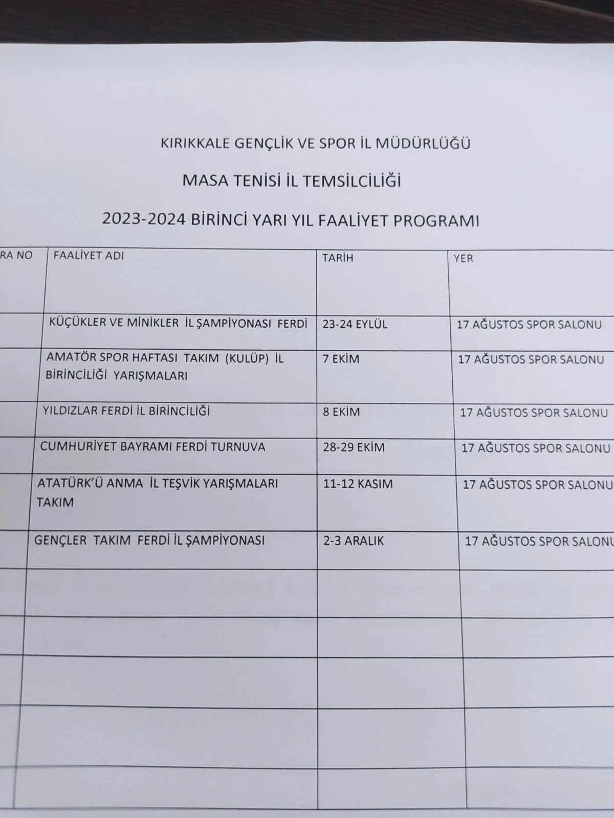 Kırıkkale 2023-2024 Sezonu İlk Yarı İl Faaliyet Takvimi Yayımlandı